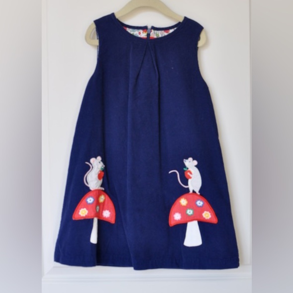 Mini Boden Mouse Mushroom Pocket Pinnie Pinafore Dress Size 6-7